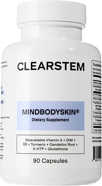 CLEARSTEM - MINDBODYSKIN Hormonal Acne Supplement (5-HTP) - Natural DIM Supplement - Skin Care Vitamins - Hormone Balance, Antioxidants - Vegan, Gluten Free, Cruelty Free - 30 Servings, 90 Capsules