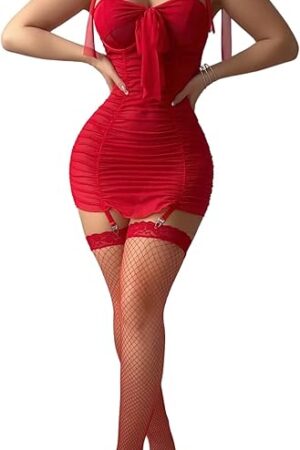 Women's 4 Piece Babydoll Lingerie Sets Tie Shoulder Bodycon Nightdress with Thong and Fishnet Stockings