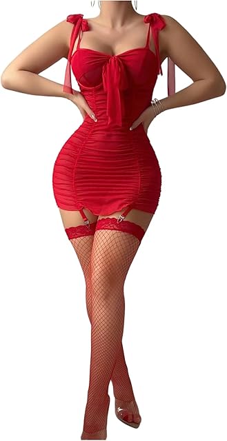 Women's 4 Piece Babydoll Lingerie Sets Tie Shoulder Bodycon Nightdress with Thong and Fishnet Stockings