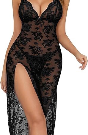 Womens Lingerie Sexy V Neck Lace Mesh Babydoll Sleepwear Nightgown Long Side Split Sleep Dress