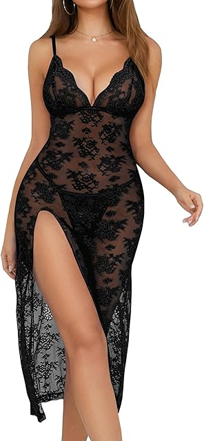 Womens Lingerie Sexy V Neck Lace Mesh Babydoll Sleepwear Nightgown Long Side Split Sleep Dress