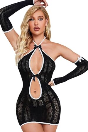 Babydoll Lingerie for Women Fishnet Bodystocking One Piece Mesh Dress One Size