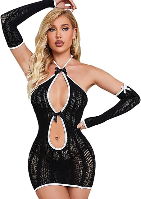 Babydoll Lingerie for Women Fishnet Bodystocking One Piece Mesh Dress One Size