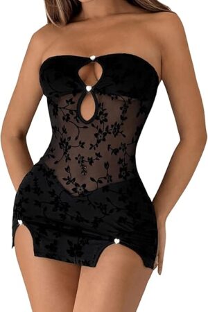 Women's Chemise Nightgowns Floral Lace Mesh Strapless Thong Babydoll Dress Lingerie Set