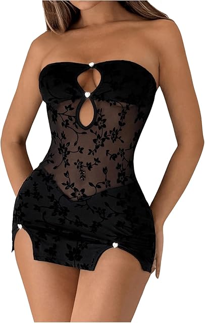 Women's Chemise Nightgowns Floral Lace Mesh Strapless Thong Babydoll Dress Lingerie Set