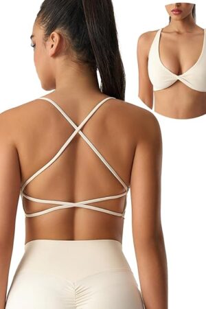 Women's Workout Sports Bras Sexy Strappy Push Up Deep V Plunge Bra Low Impact Gym Yoga Crop Tank