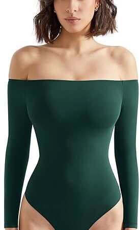 Women Off the Shoulder Long Sleeve Bodysuit Double Lined Thong Bodysuit