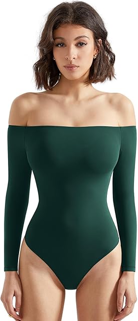Women Off the Shoulder Long Sleeve Bodysuit Double Lined Thong Bodysuit