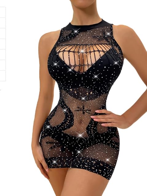 CIUCMIA Womens Rhinestone Fishnet Babyball Lingerie Lace Mini Dress Cut Out Sheer Negligee Chemise Sleepwear