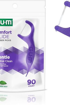 GUM Comfort Slide Floss Picks - Perfect for Tight Teeth - Extra Strong Shred-Resistant Dental Floss, Easy Grip Handle - Dental Flossers for Adults - Fresh Mint Flavor, 90 Count