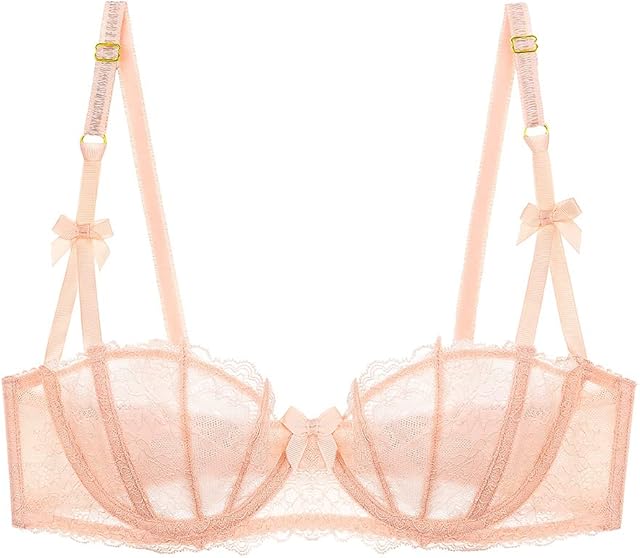 Women's Lace Unlined Balconette Demi-Cup Underwire Sheer Bra