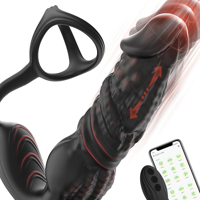 Fast Thrusting Prostate Massager Anal Vibrator for Men, 6-in-1 Vibrating Male Anal Toys with Silicone Cock Ring, Thrusting Anal Dildo Adult Sex Toy with Remote Control and APP