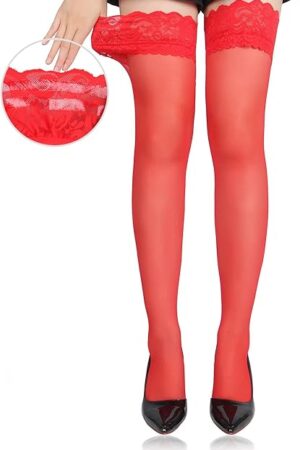 Women Lace Thigh Highs Stockings Plus Size Silicone Lace Top Stockings Sexy Stay Up Sheer Nylon Lace Hosiery