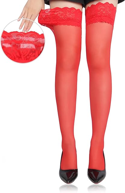 Women Lace Thigh Highs Stockings Plus Size Silicone Lace Top Stockings Sexy Stay Up Sheer Nylon Lace Hosiery