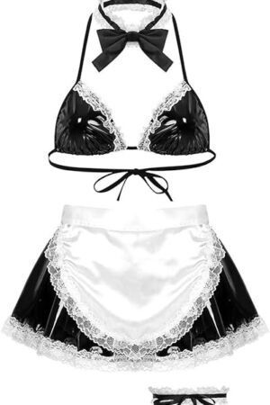 Women's PVC Leather Cute Sexy Schoolgirls Uniform French Maid Outfit Cosplay Costume Lingerie Set