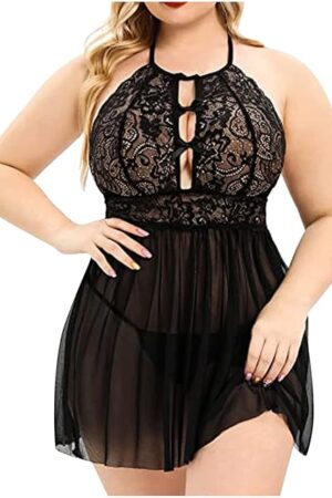 Women Plus Size Lingerie Sexy Open Back Halter Babydoll Chemise Lace Teddy Negligees Sleepwear Boudoir Outfit