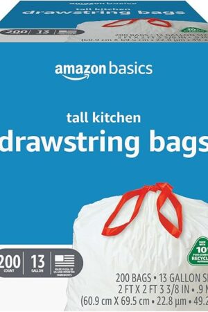 Amazon Basics 13 Gallon Tall Kitchen Drawstring Trash Bags, Unscented, 10% Post Consumer Recycled, 200 Count