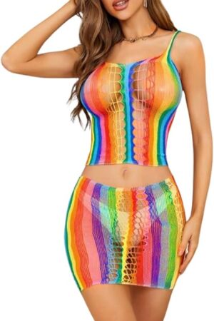 Women's Two Piece Sexy Rainbow Fishnet Top & Skirt Sets One Size