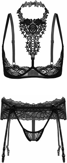 Women's 2 Piece Sexy Lingerie Set 1/4 Cups Bra and Open Thong Panty Set Nightwear Teddy