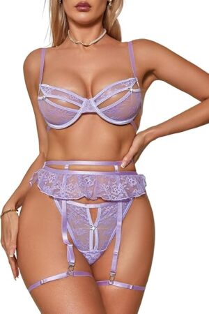 Women's 3 Piece Set Sexy Lingerie for Women Lace Mesh Triangle Cup Lingerie Sets