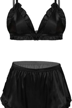 Women Lingerie Sleepwear Satin Silk 2Pcs Set Sexy V Neck Bra Tops with Shorts Nightwear