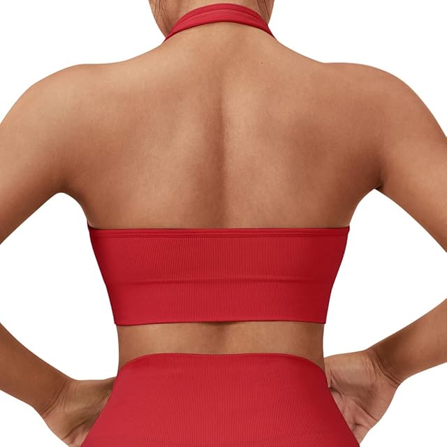 Women Seamless Halter Sports Bra Open Back Padded Workout Crop Tank Tops