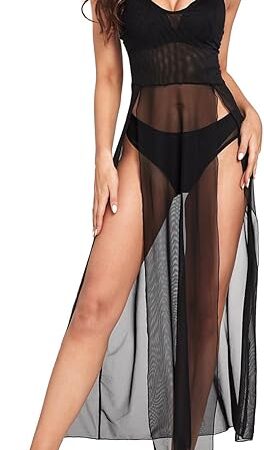 Women's Lingerie Babydoll 3 Piece Sexy Mesh Slit Nightdress Strappy Bra and Thongs Exotic Sleepwear