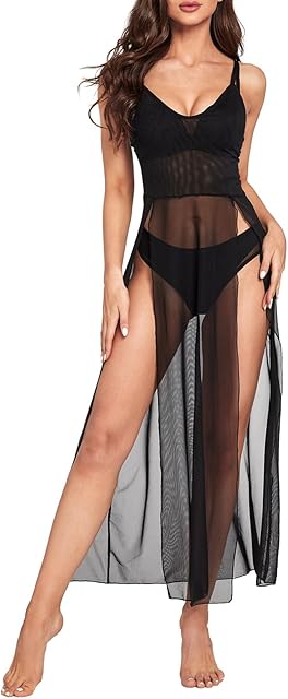 Women's Lingerie Babydoll 3 Piece Sexy Mesh Slit Nightdress Strappy Bra and Thongs Exotic Sleepwear