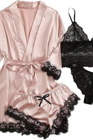 4Pcs Womens Lace Silk Pajamas Robes Set Pajamas Cami Shorts Satin Sleepwear Lace Loungewear Pjs (Medium, Champagne)