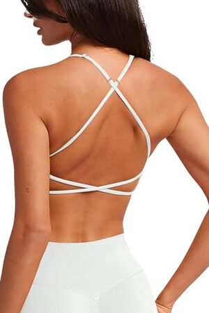 White Sports Bras for Women Backless Triangle Strappy Adjustable Straps Sexy V Neck Workout Yoga Gym Athletic Y2k Casual Tops Bralettes Camisole Activewear(White Medium)