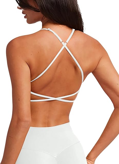 White Sports Bras for Women Backless Triangle Strappy Adjustable Straps Sexy V Neck Workout Yoga Gym Athletic Y2k Casual Tops Bralettes Camisole Activewear(White Medium)