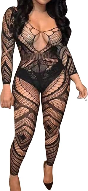 Women's Lingerie Fishnet Bodystocking Glitter Crystal Tight High Sexy Mesh Full Body Stockings Babydoll Teddy Off The Shoulder Long Sleeve Bodysuits