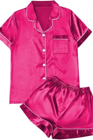 Women's Causal Short Sleeve Button Down Satin 2 Piece Pajama Set Sleepwear Loungewear