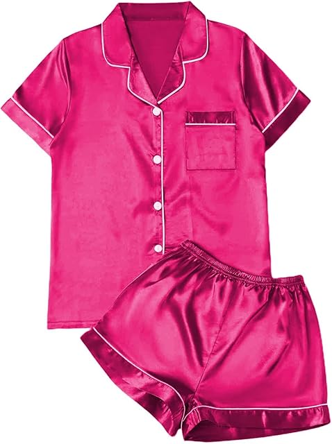 Women's Causal Short Sleeve Button Down Satin 2 Piece Pajama Set Sleepwear Loungewear