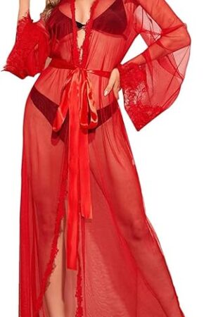 Women's See Through Lace Robe Sexy Sheer Maxi Kimono Mesh Satin Belted Chemise Babydoll Lingerie Nightgown Cover Up