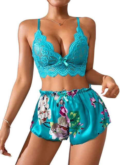 Women Sexy Lingerie Set Strappy High Waist Floral Lace Pajamas Lingerie Set