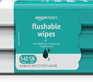 Amazon Basics Adult Wet Wipes Flushable Fragrance Free, 126 Count (3 Packs of 42) Packaging May Vary