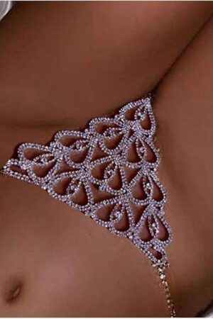 Women Sexy Rhinstone Underwear Thong Panties Tassel Heart Pendant Crystal Waist Chain Thong Bikini Festival G String Jewelry