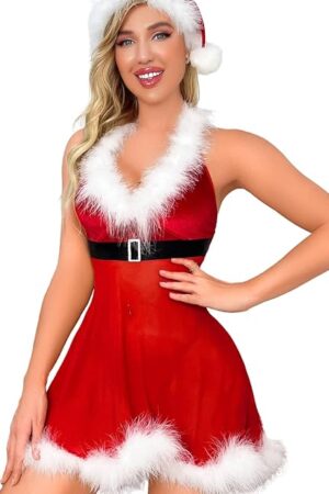 Christmas Flowy Dress(Hat Include), 3Pc Fur Trim Santa Velvet Chemise