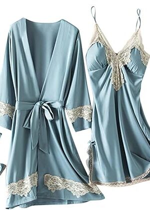 Womens Pajama Sets 5pcs Silk Sleepwear Loungewear Cute Sexy Lingerie Set Satin Robe Cami Pajamas Sets