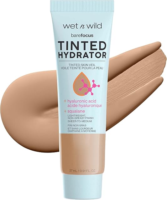 wet n wild Bare Focus Tinted Hydrator Tinted Skin Veil, Lightweight Buildable Coverage with Hyaluronic Acid & Vegan Squalane, Semi-Matte Finish, Cruelty-Free - Medium Tan