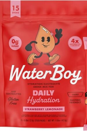 Waterboy Daily Hydration | 1,570mg Electrolyte Powder Packets | No Sugar, All Natural, Gluten Free, Zero Calories | 15 Drink Stick Mixes (Strawberry Lemonade)