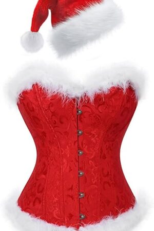 Women's Christmas Lingerie Corset Top Sexy Santa Claus Outfits Red Bustier with Santa Hat