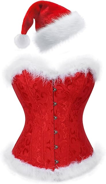 Women's Christmas Lingerie Corset Top Sexy Santa Claus Outfits Red Bustier with Santa Hat