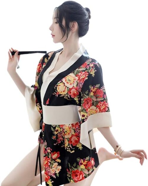womens sexy kimono for lingerie Japanese dress cosplay open front bathing robe Deep V-Neck costume short Floral Pattern Cute Yukata Perspective Anime Pajamas Side Slit Sleepwear outfit set