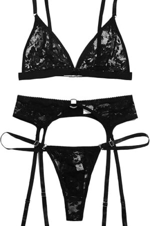Women's Sexy Floral Lace Scalloped Trim Panty Lingerie Set Solid Black S
