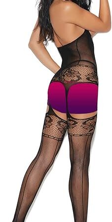 Crochet Suspender Bodystocking With Open Bust - One Size - Black