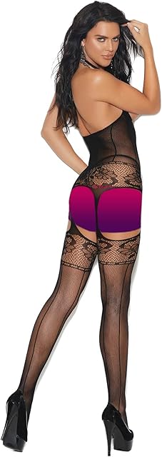 Crochet Suspender Bodystocking With Open Bust - One Size - Black