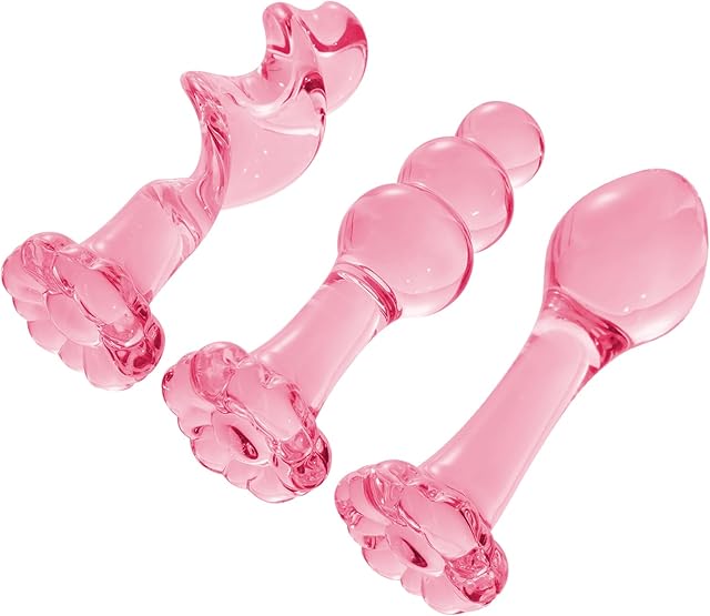 3 Pcs Set Glass Butt Toys Anus Beads Anal Trainer Dildo Crystal Butt Plug Kit S&M Adult Gay Anal Plugs Women Men Sex Gifts Things for Beginners Couples - Pink