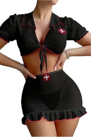Women's 3 Piece Nurse Lingerie Set Sexy See Through Costume Outfit With Thong
